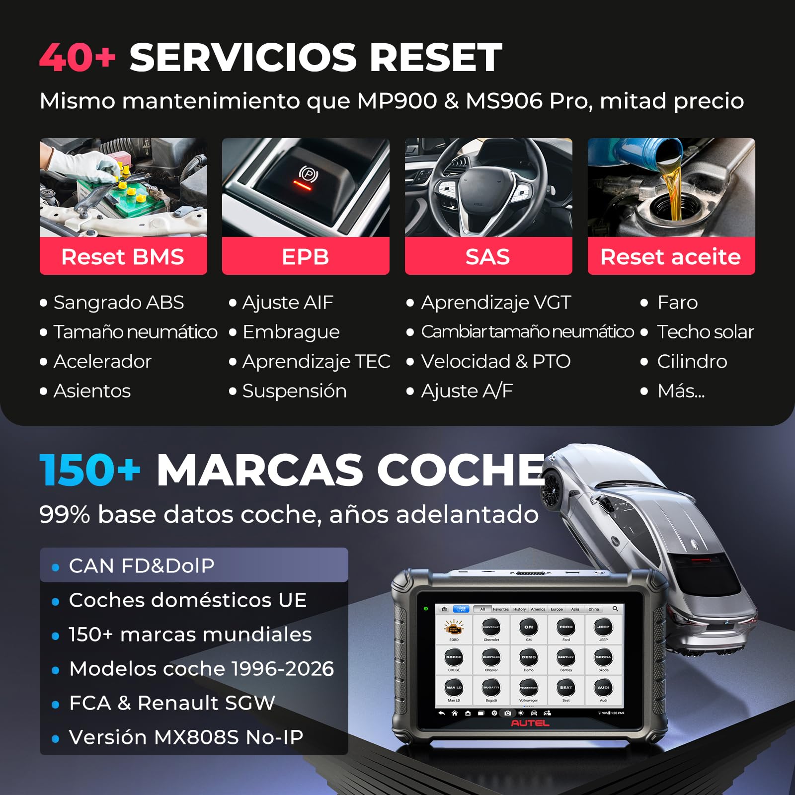 Autel MaxiCheck MX900 Maquina Diagnóstico, Como MaxiCOM MK900-BT Herramienta Escáner OBD2, Avanzado MK808BT MK808S MX808S Diagnosis Coche Multimarca, 3K+ Pruebas Activas, DoIP&CANFD, 40+ Servicio,OS11