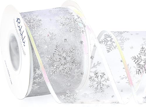 Ribbli Cinta transparente de organza blanca de 2.5 pulgadas con purpurina plateada con borde iridiscente de copo de nieve plateado para decoración