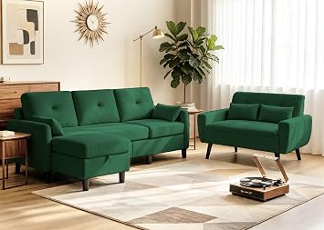 3PCS Sectional Sofa Set, Convertible Sofa & Loveseat & Storage Ottoman, 3 Seat L Shaped Couch with Side Pockets, Modern Couches for Living Room, Office, Apartment, Green