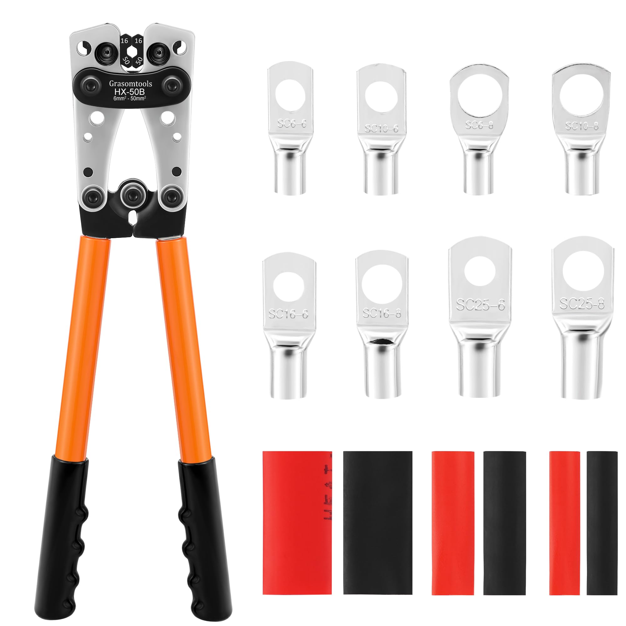 Grasomtools Orange Battery Cable Lug Crimping Tool With 60Pcs Copper Ring Terminals 8 Sizes Cable Lugs And 60Pcs Heat Shrink Tubing Set, Heavy Duty Wire Crimper For Battery Wire Terminal (Hx50b Crimper+60Pcs Terminals)