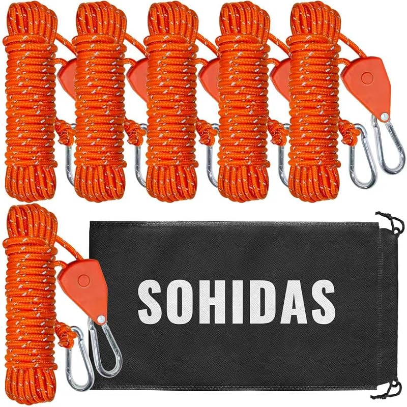 Camping Rope Reflective Tent Rope Guyline with Ratchet Pulley, Tarp Tie Down Ropes for Tent Tarp, Canopy Shelter, Camping, 13ft Adjustable Guy Line for Canopy Tent 6 Pack Guy Lines Tents Cords