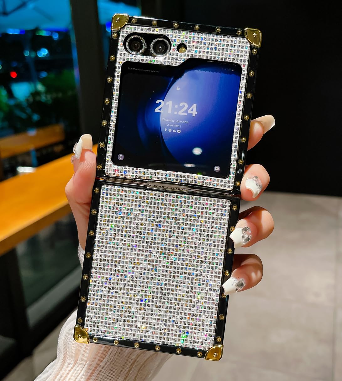for Samsung Galaxy Z Flip 5 Bling Case,Luxury Bling Glitter Sparkle Cute Gold Square Corner Soft Trunk Cover with Finger Ring Grip Kickstand Phone Skin,White