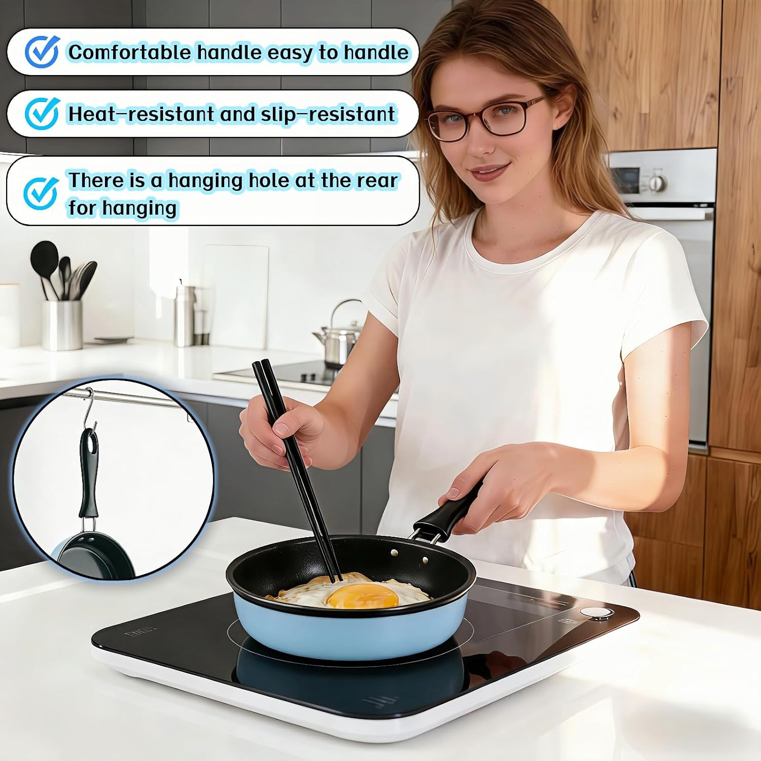 4.7 Inch Mini Frying Pan, Black Non-Stick Egg Pan with Hanging Hole, Flat Bottom Design for Gas, Induction, Electric Stove, Perfect for Single Serve Breakfast, Omelets & Camping, RV Use (Blue)