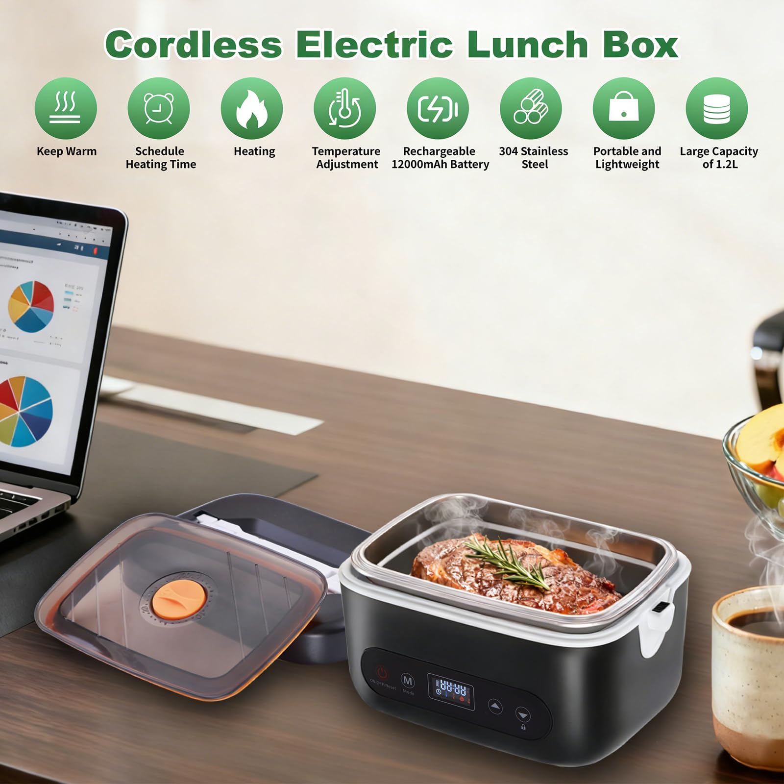 Fiambrera Eléctrica Inalámbrica, Fiambrera Calefactable a Batería para Adultos Calentador de Alimentos Portátil de Acero Inoxidable con Vajilla y Bolsa Aislante para Coche Trabajo Viajes(1,2L)