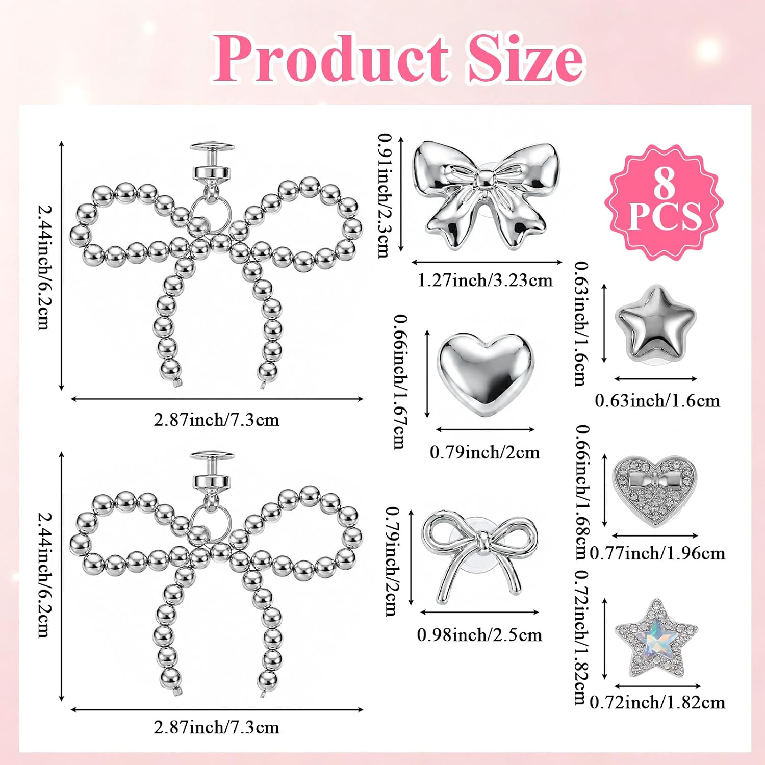 8 PCS Silver Bow Clog Charms for Women, Pearl Bowknot Hole Shoe Charms image 2