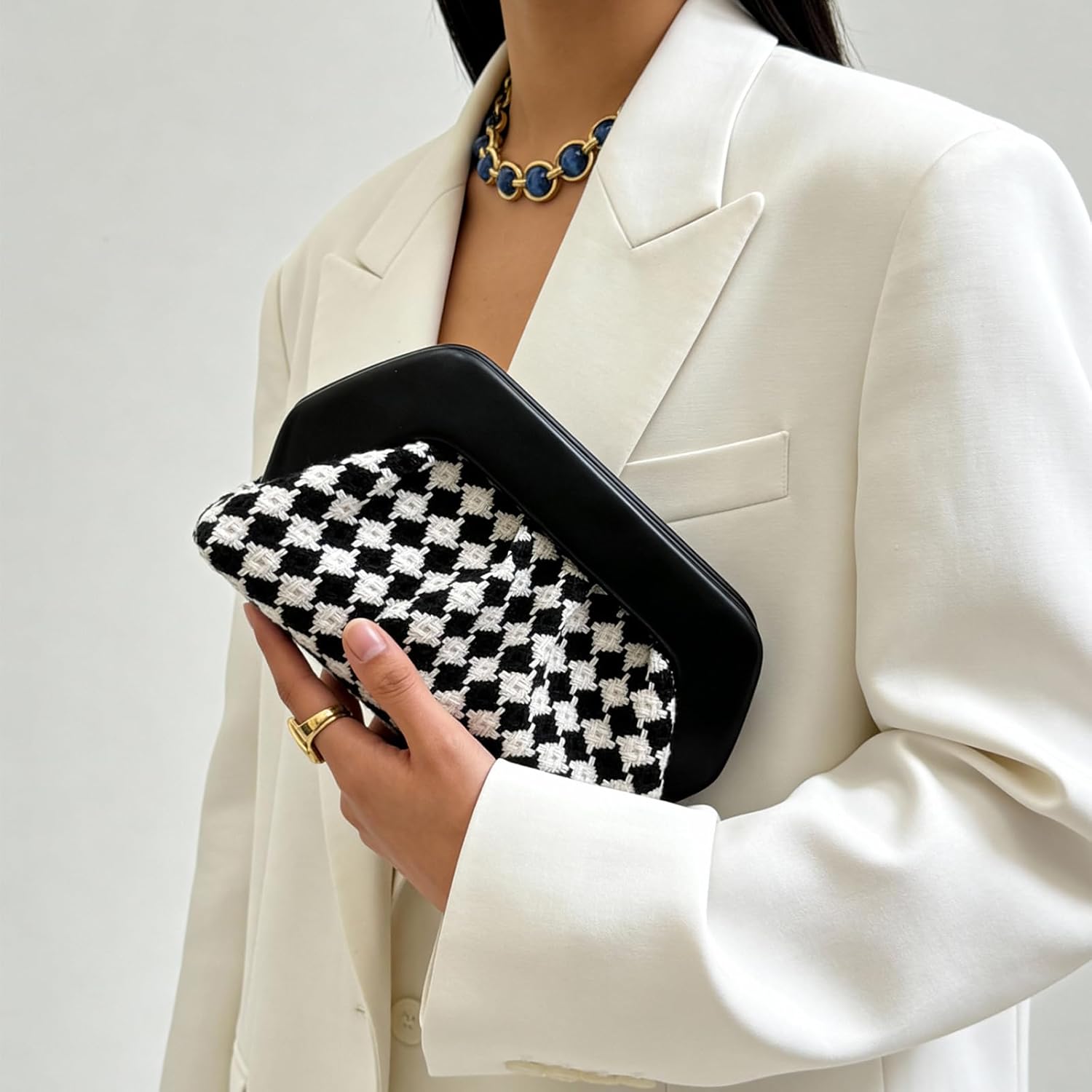 ENBEI Women's Checkered Crochet Evening Clutch Faux Leather Small Handbag Purse for Wedding Party Daily Use | Checkered Crochet, Faux Leather