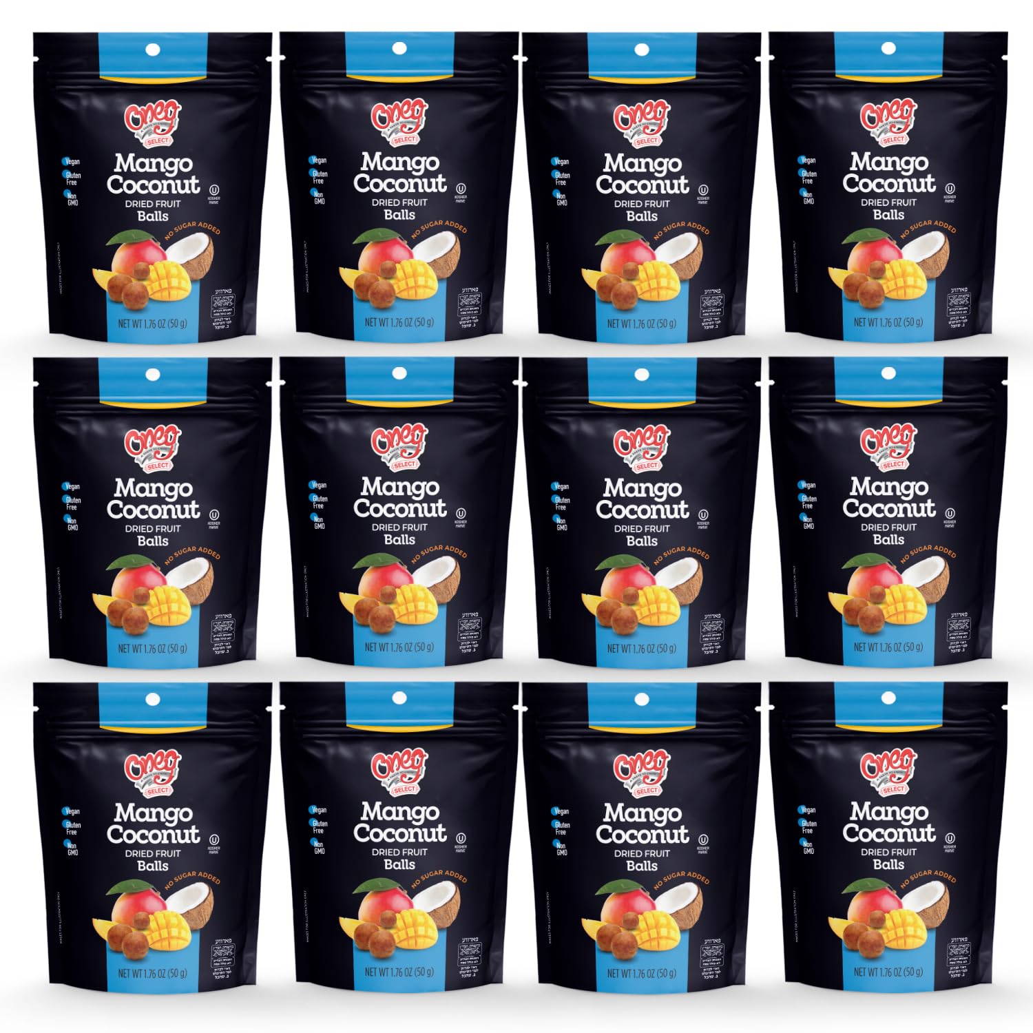 Oneg Dried Mango Coconut Balls, 1.76oz Bag, 12 Pack of Healthy Snacks Bulk, Perfect Healthy Chips for Parties or Travel, Ideal Kids Healthy Snack for School Lunches, After Playtime or Special Occasion
