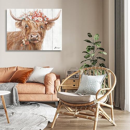 Miniatura 5 de Yidepot Decoración de vaca de las tierras altas para granja imágenes retro de terneros escoceses con flores con cita inspiradora, lienzo para pared