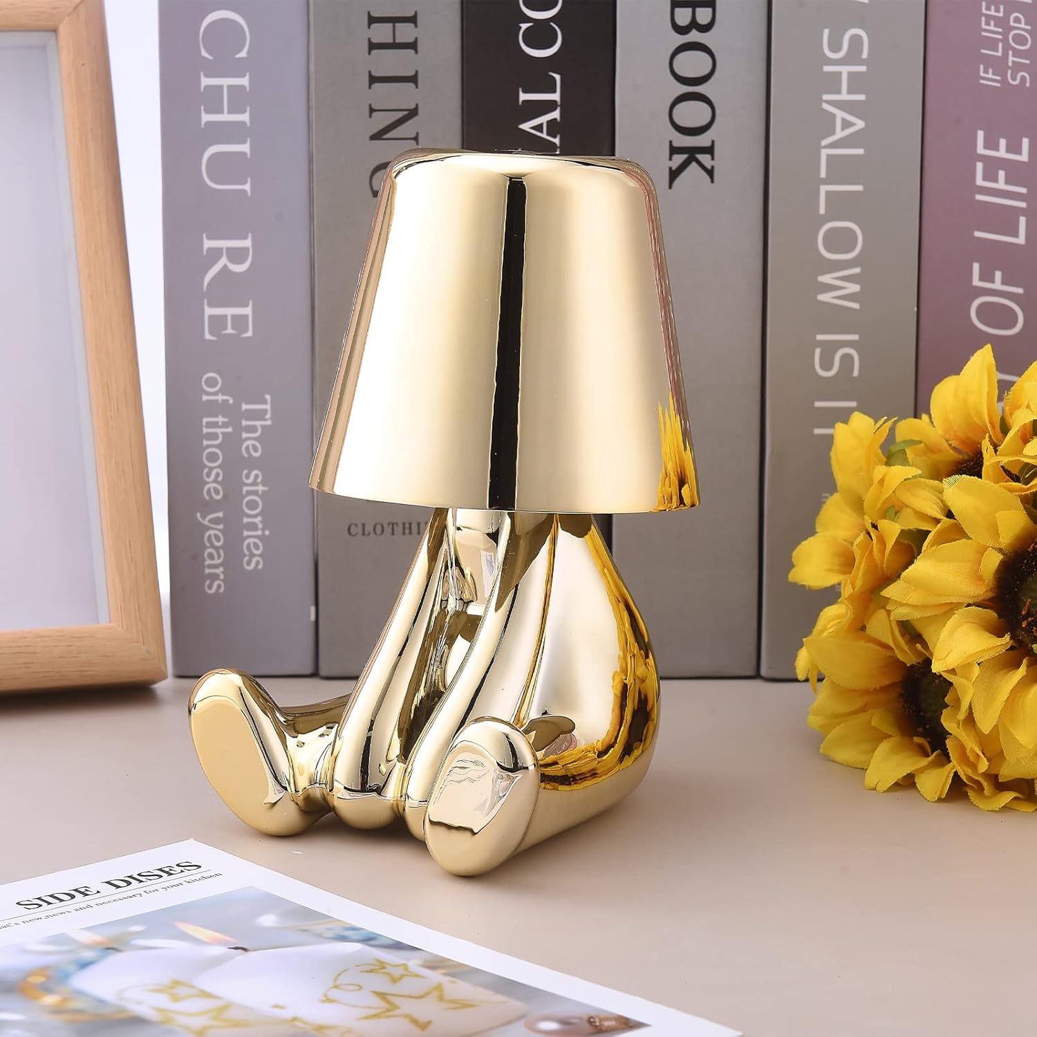 Bedside Touch Control Table Lamp, Gold Decor Thinker Statue LED Table Lamp with USB Port, 3 Way Dimmable Modern Night Light Nightstand Lamp for Home Living Room Office Shelf Decor