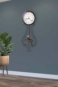 Howard Miller Paulina Wall Clock Wrought Iron Frame, Gray & Gold Pendulum, Roman Numeral Dial, Quartz Movement, Home & Office Decor