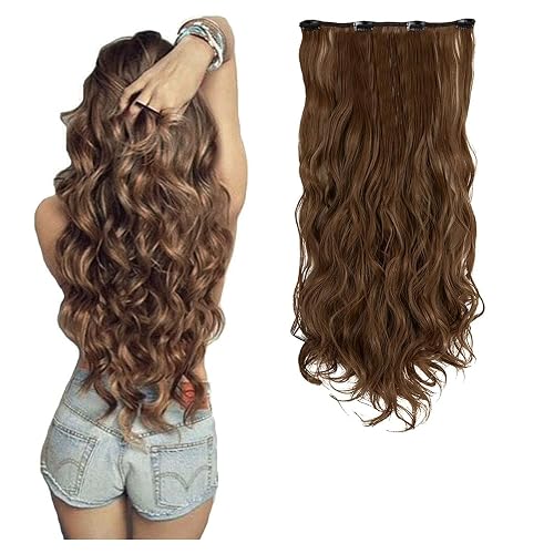 PRAVRAJYA Women Hair Extension Full Head Wig 22 Inch Synthetic Natural Wavy Brown Hair Pieces with 5 Clip Wig Cheap Fluffy & Not Tangled Women and Girls (Black 02)