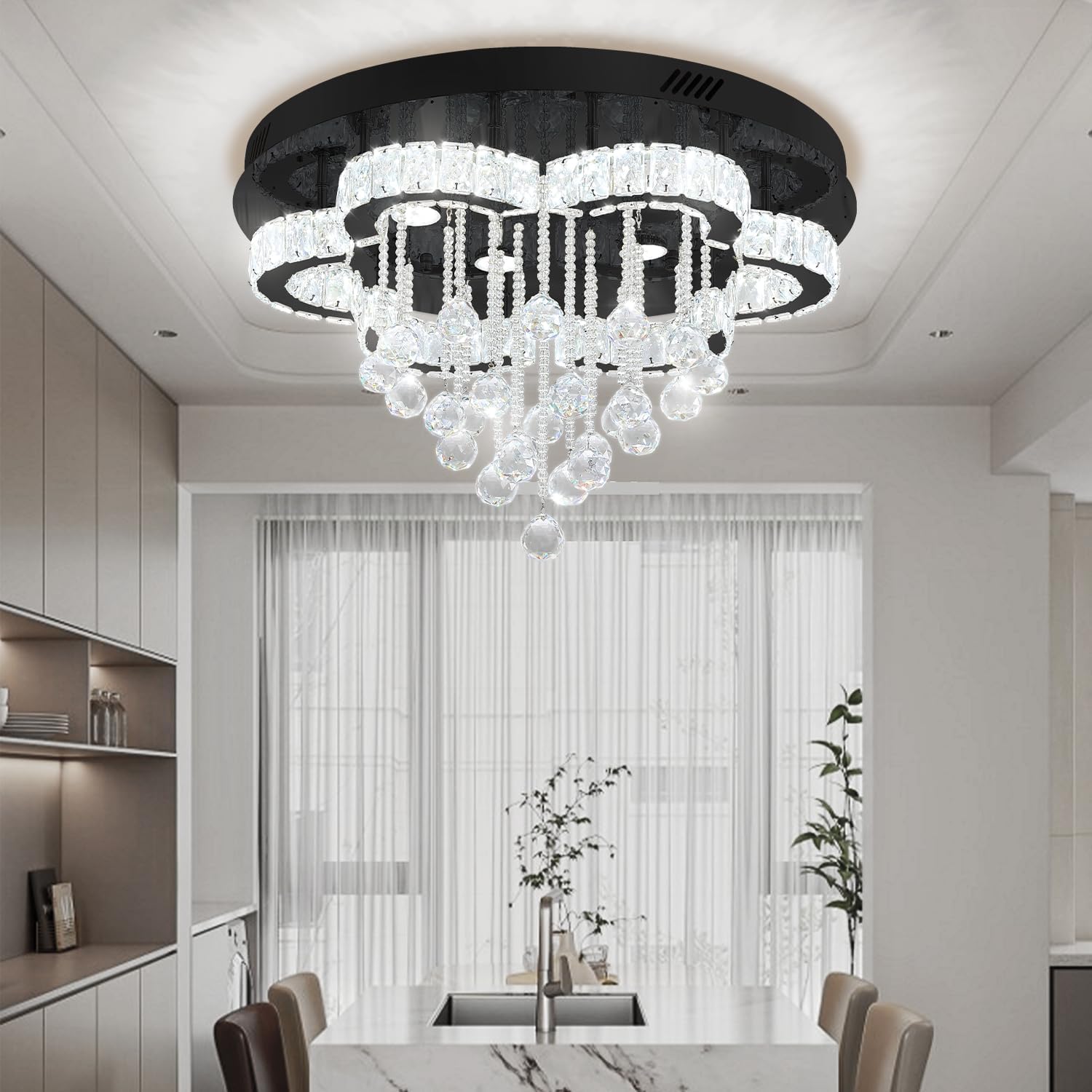 Flashing God Modern Chandelier for Living Room 24 inch Raindrop Chandeliers Flush Mount Crystal Chandelier for Bedroom Dining Room LED Dimming 2700k 4500k 6000k