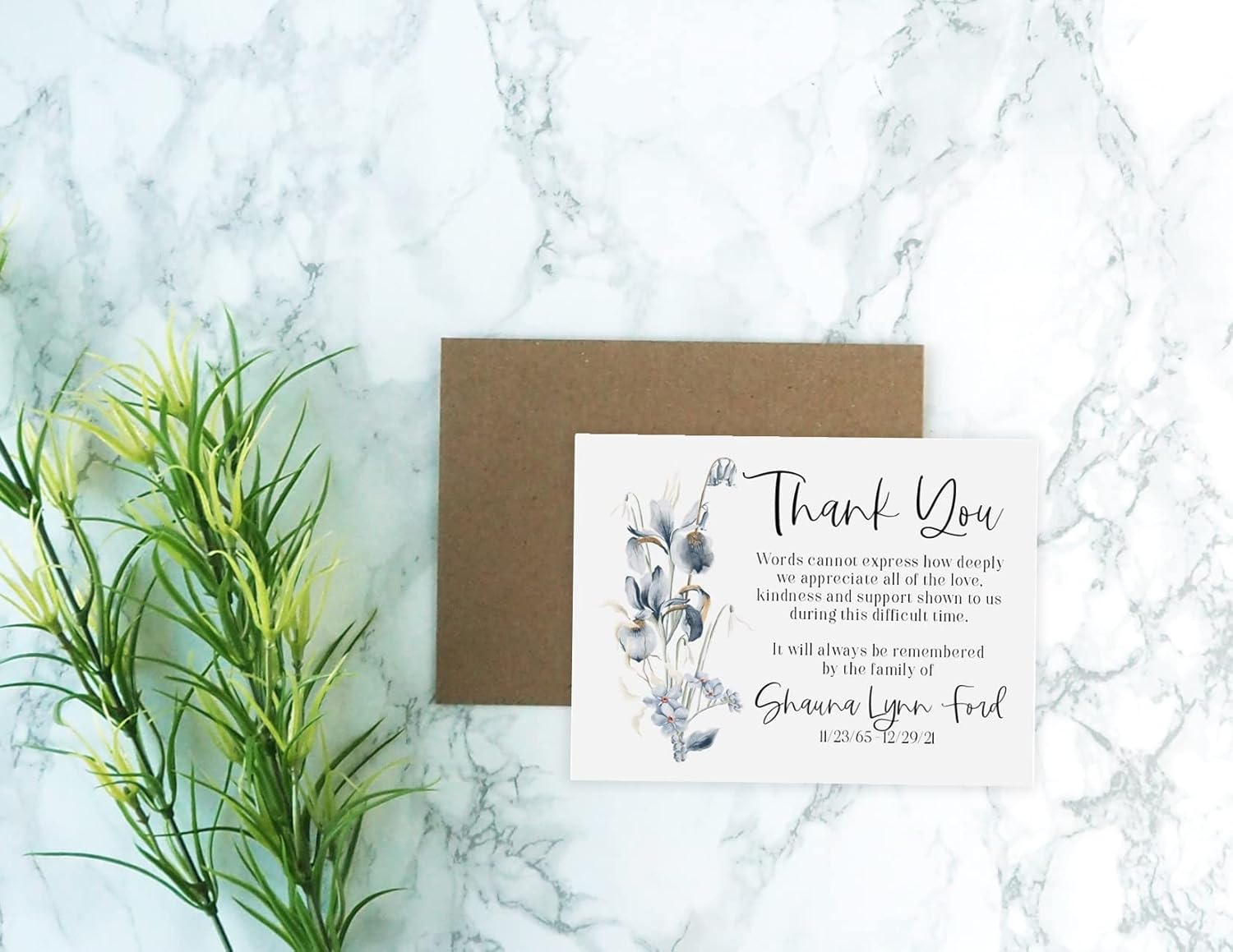 Personalized Funeral Acknowledgement Cards - Floral Blue Bouquet - Sympathy Thank You Bereavement Note Cards - Eco Friendly