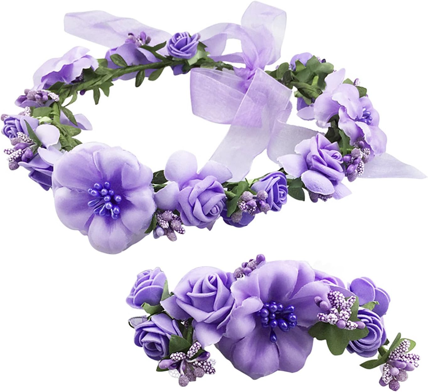 Wedding Bride Garland Women Floral Headband Flower Girl Adjustable Headwear Ladies Artificial Floral Hoop wih Wristband Beach Hawaii Wreath Crown Set Bohemia Headpieces Bracelet for Party Festival
