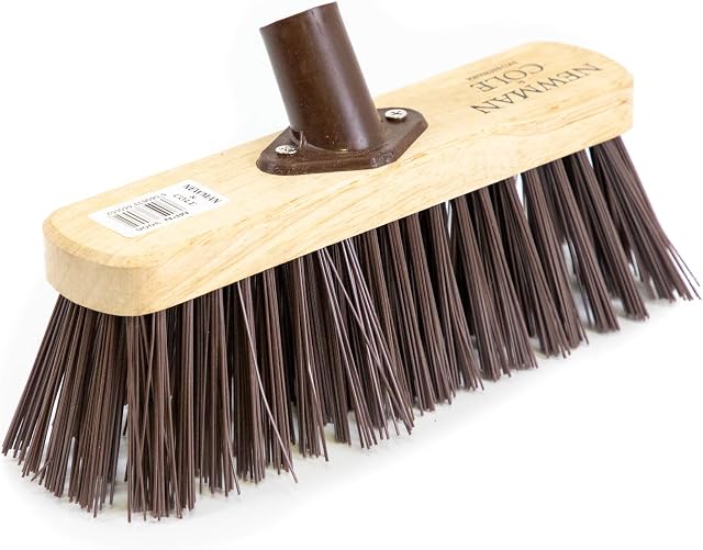 Newman and Cole 10" Wooden Garden Broom Head - Replacement Wooden Broom Head for Outdoor Garden Patio Yard Brush Sweeping - Wood Brush Head Fitted Fixing Bracket Connector (10" Stiff Synthetic Poly)
