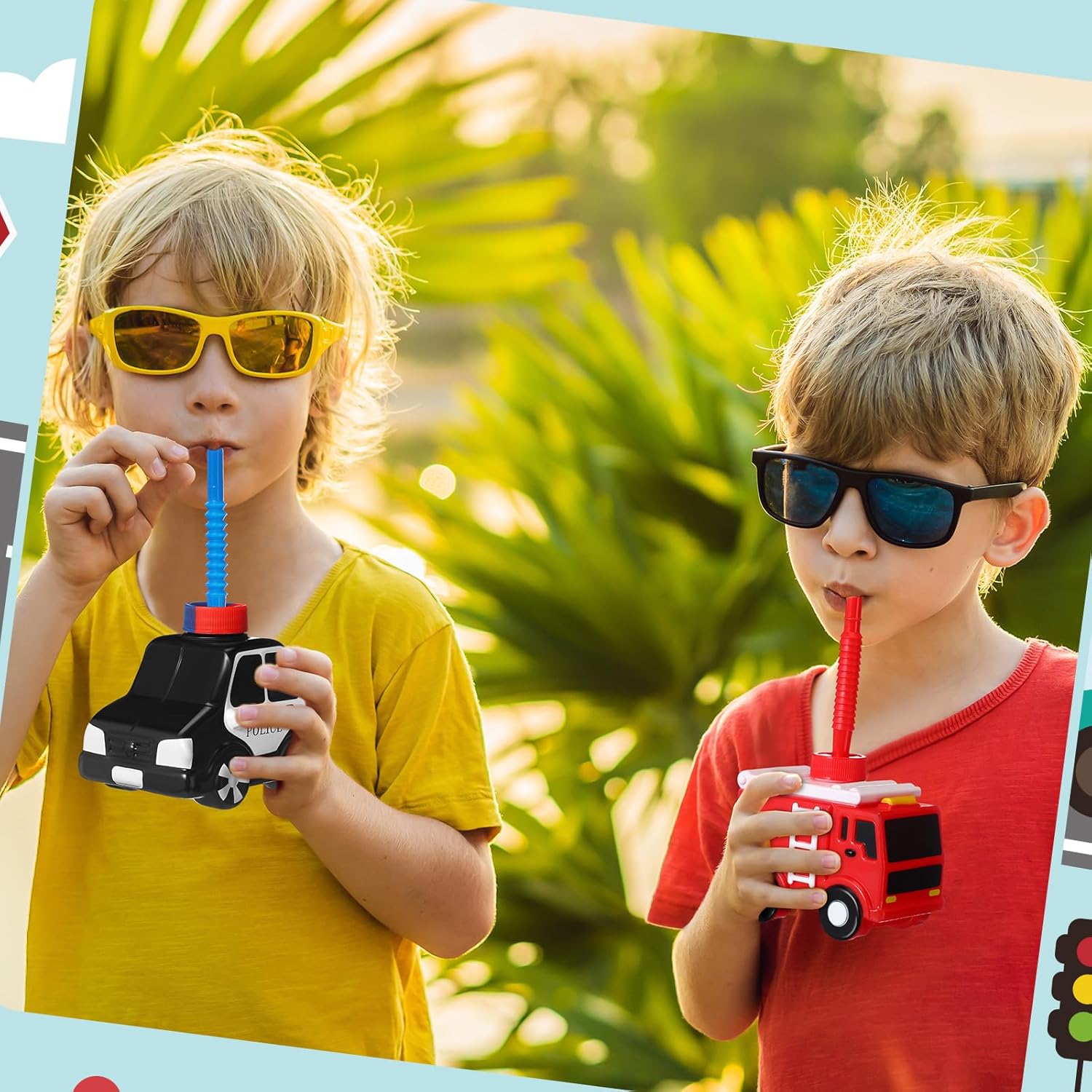 Tanlade 24 Set Truck Traffic Vehicle Cups with Straws Community Helpers Cups Reusable Plastic Traffic Vehicle Cup Firefighter Ambulance Police Car for Birthday Firefighter Party Favor