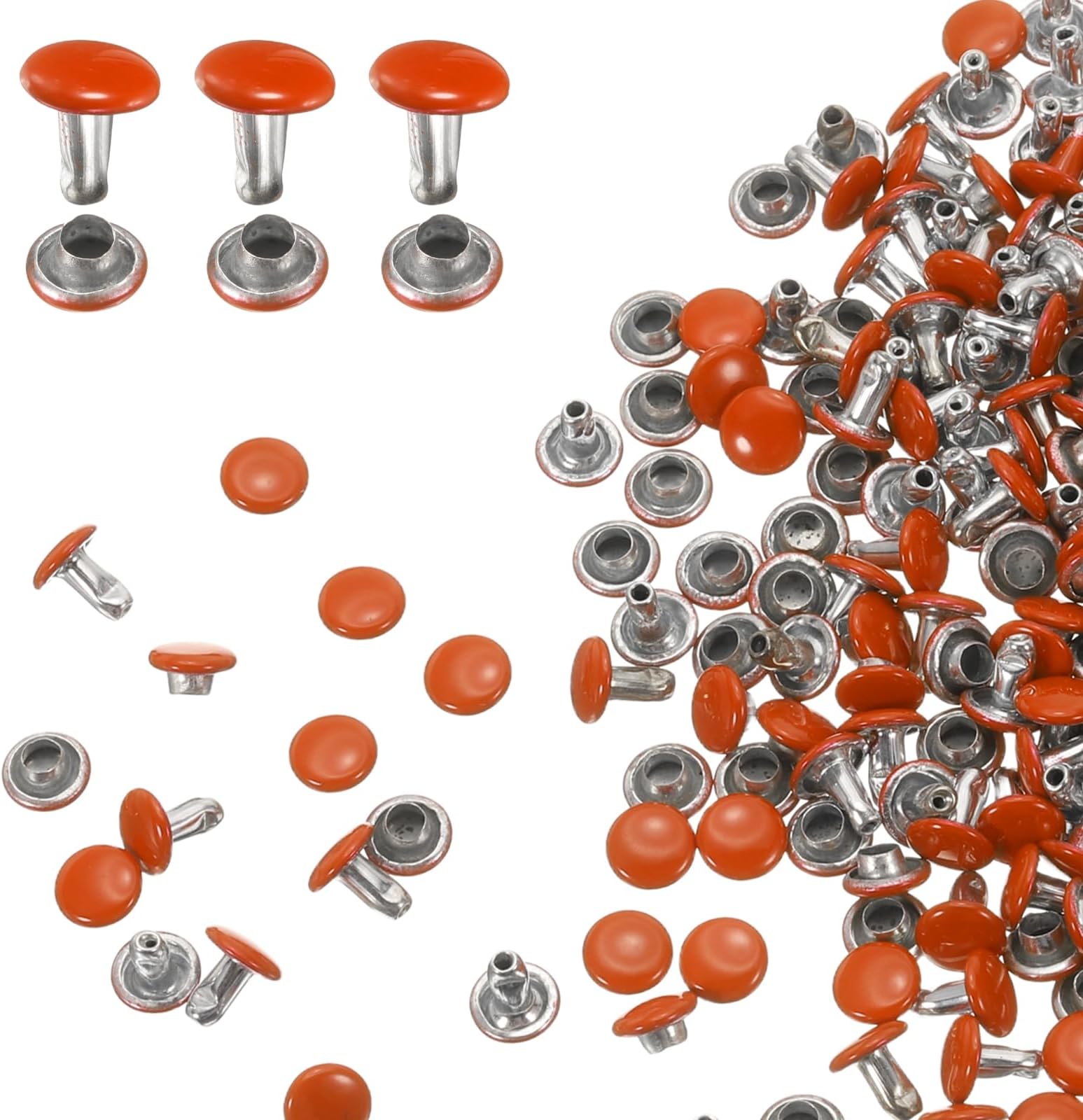 – sourcing map 100 Sets Double Cap Leather Rivets, 6x6mm Round Cap Tubular Metal Studs Leather Crafting Rivets for Fabric Belt Pet Collar Boot Bag Repair and Decoration, Orange