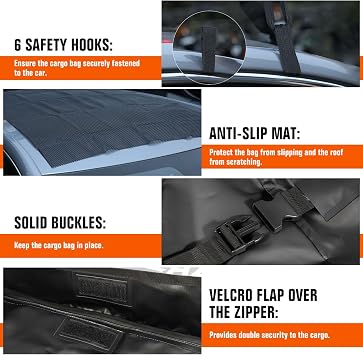 Roof Cargo Bag 21 Cubic Feet Waterproof 840D Universal | 21 Cubic Feet Capacity, 840D Waterproof Material, Universal Fit All Cars, Anti-Slip Mat Included, Storage Bag And Lock