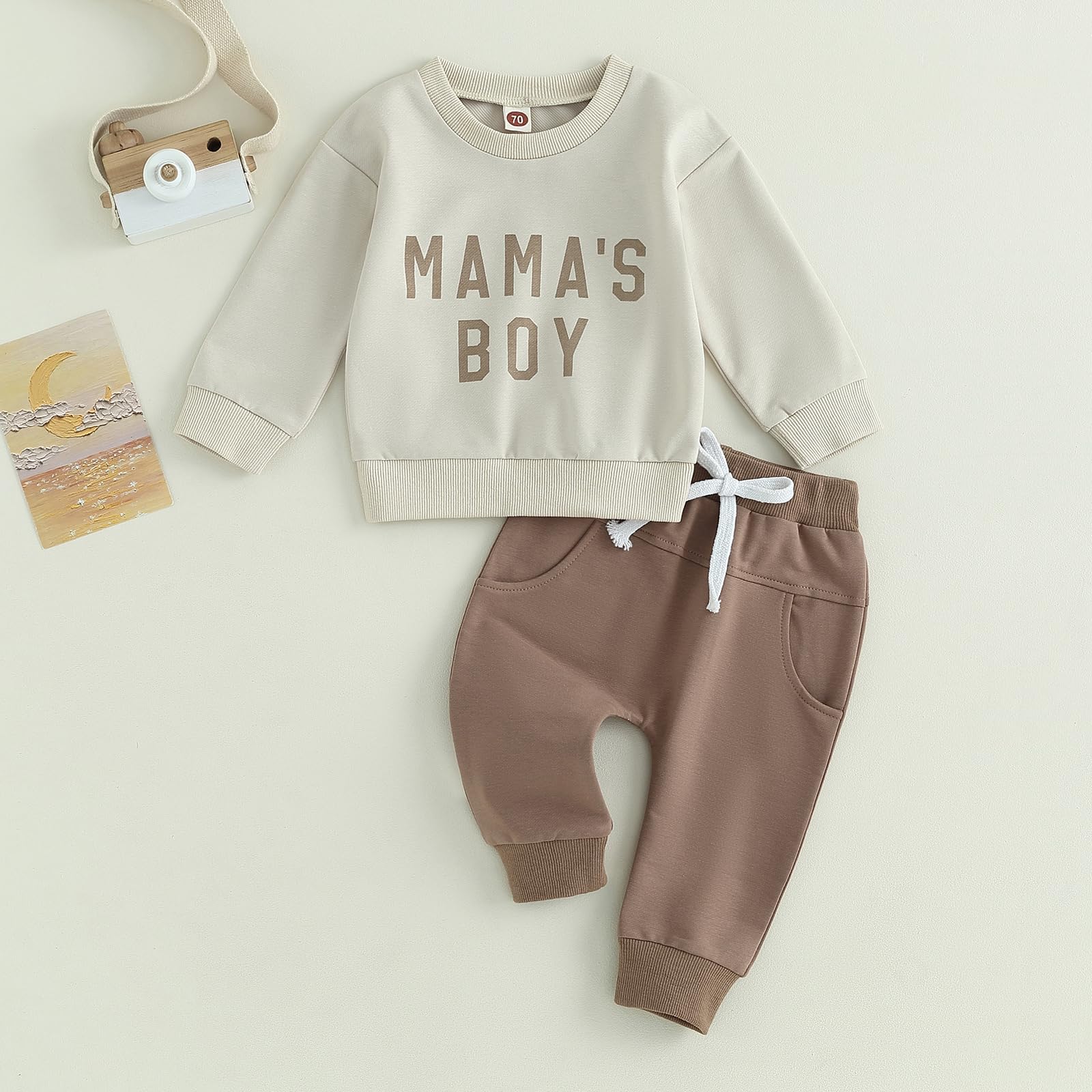 ZAXARRA Toddler Newborn baby boys Fall Outfits Long Sleeve Letter Print Sweatshirt Tops Pocket Pants Casual Clothing Sets (Apricot Light Coffee, 18-24 Months)