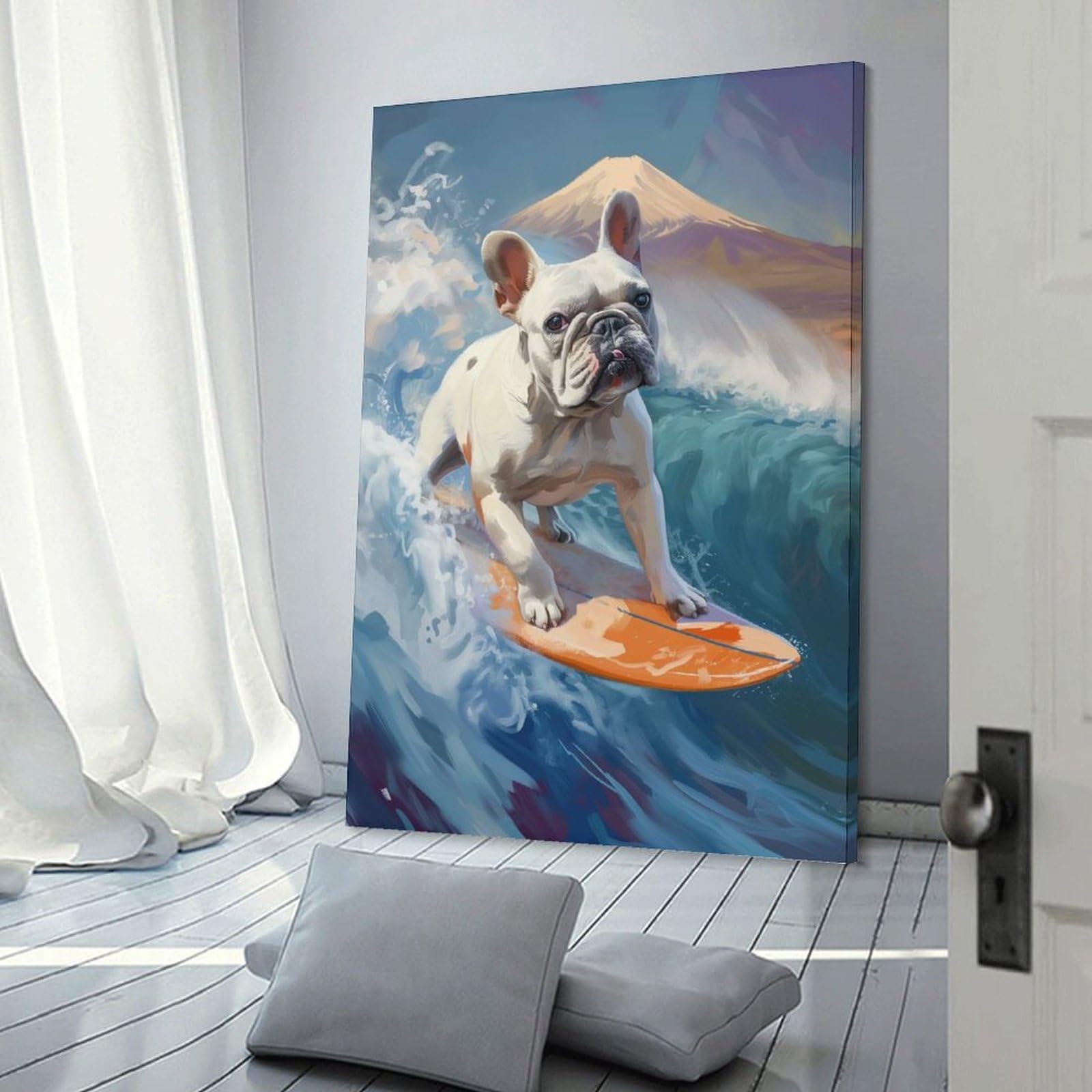 Junmoney Room Decor Wall Art French Bulldog Surfing, 16x24inch(40x60cm), for Workspace Walls, Study Corners Or Bedrooms, A Smart Decor Choice for Study Walls