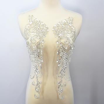 One Pair 3D Beaded Embroidery Sequin Lace Applique Sew On Flower Fabric Collar Patch for Wedding Gown Dress Bridal DIY CraftsWhite