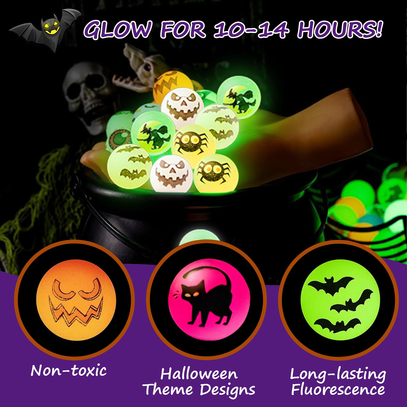 48 Stück Halloween Flummies - Leuchtende Hüpfbälle (Glow In Dark), 6 Motive, Für Partys & Trick Or Treat