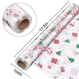 JOYIT 100\' Long X 17.5 Wide Christmas Cellophane Wrap Roll - 3 Mil Thicker Cellophane Roll, Crystal Clear Merry Christmas Cellophane for Gift Baskets, Flower Arts Crafts Food Treats Wrapping