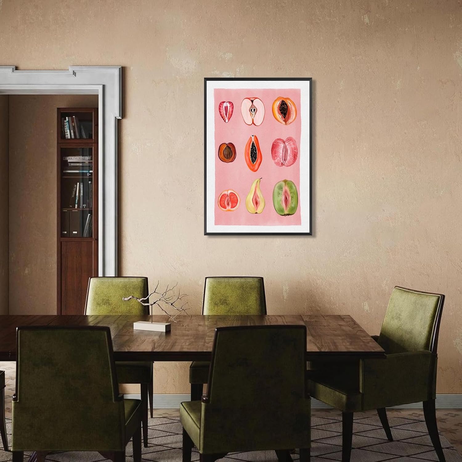 Sliced Feminine Fruit Print Vintage Poster Pink Fruity Wall Art Funky Unique Home Decor Empowering Feminism Artwork for Kitchen Bedroom For Dorm wall 16x24in Framed