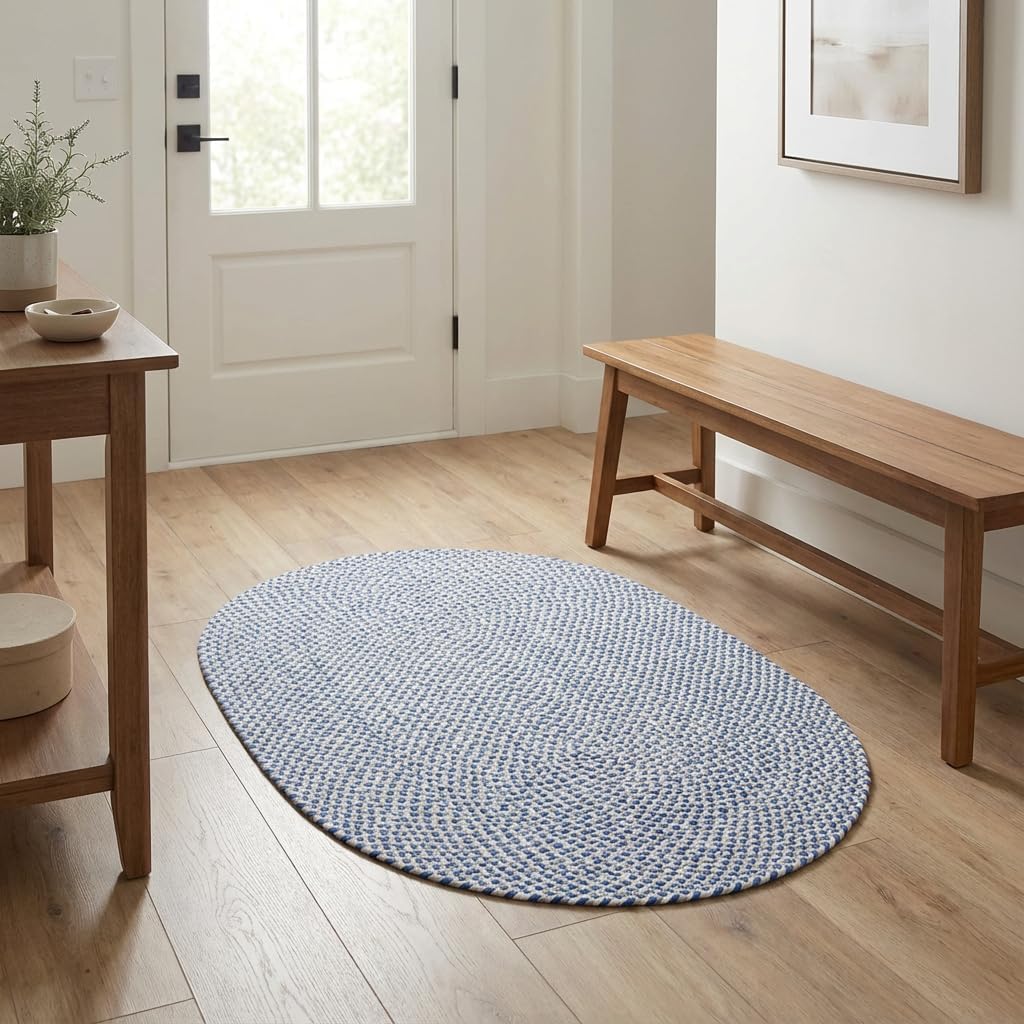 Super Area Rugs Tri-Color Cotton Farmhouse Braided Rug - Buffalo Check Blue,White,Gray 2' X 3' Oval