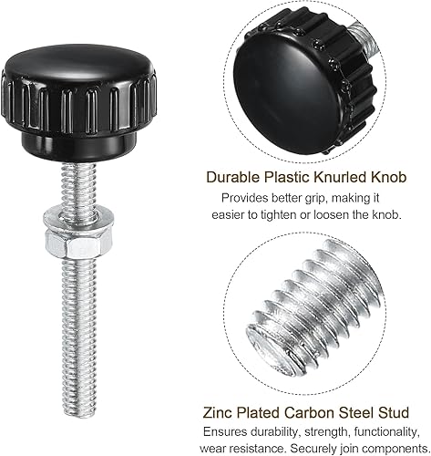 Miniatura 315 de uxcell Juego de 4 perillas moleteadas, tornillos de pulgar con tuercas y arandelas, rosca macho métrica M6 x 1.378 in, cabeza de plástico de 0.984