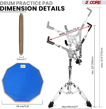 5 Core Drum Practice Pad Set 12 Adjustable Snare Drumming Stand Double Sided Silent Drummer Kit - DPAD COMBO BLU
