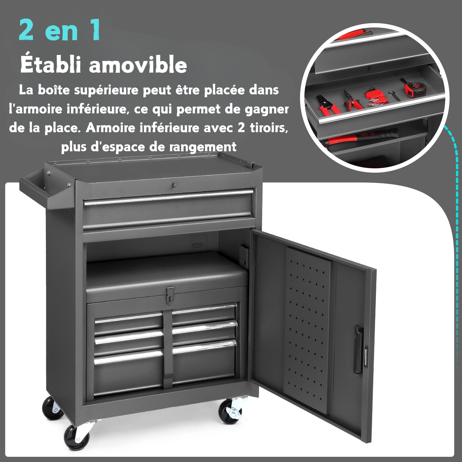 LEADZM Servante d'Atelier Outils avec Coffre Amovible, 6 Tiroirs(Noir) | Etabli Garage，Armoire à Étagère Réglable& Caisse à Outil Roulante，pour Garage, Atelier