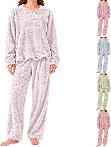 Womens Winter Pajama Sets Fleece Long Sleeve Lounge Sets 2 Piece Sleepwear | Flannel Pajamas For Women Set Plus Size Lounge Pj Set Long Sleeve Soft Matching Pajamas Pullover Pants Winter 2 Piece Outfits