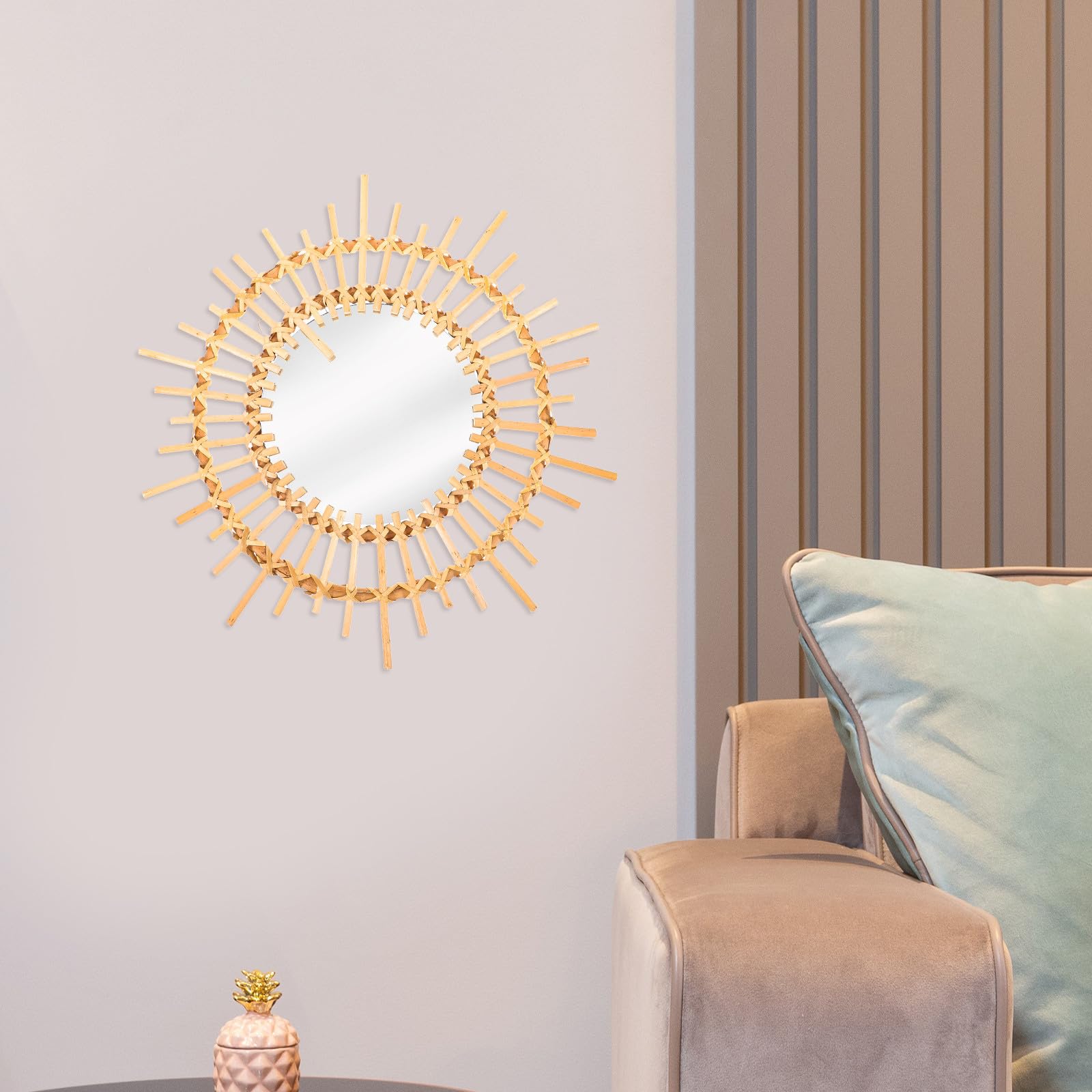 Runder Rattan Wandspiegel mit Holzrahmen Dekorativer Dekorspiegel für Flur und Esszimmer Moderner Goldfarbener Spiegel mit Reflektierender Oberfläche und Charmantem Design