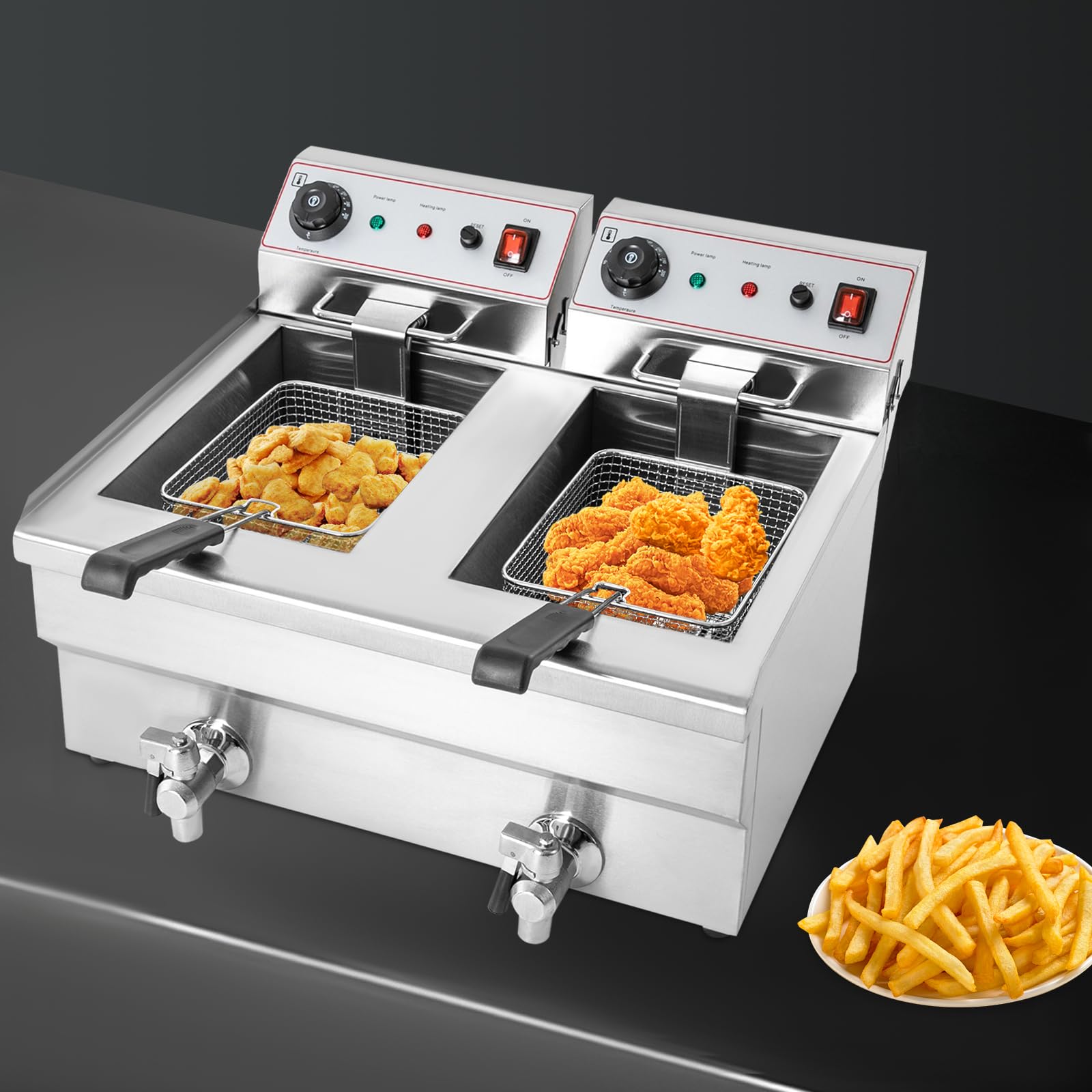 Sartén eléctrica comercial, plateada, freidora de aceite eléctrica, con 2 cestas, temperatura ajustable 60-200 °C, para restaurantes, aperitivos, fiestas 57