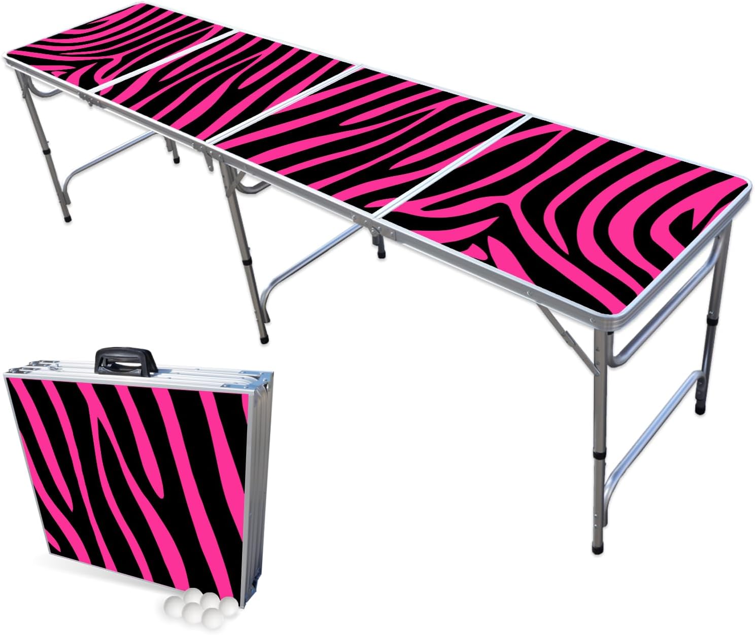 PARTYPONG 8-Foot Folding Beer Pong Table - Pink Zebra Edition (Base Model)