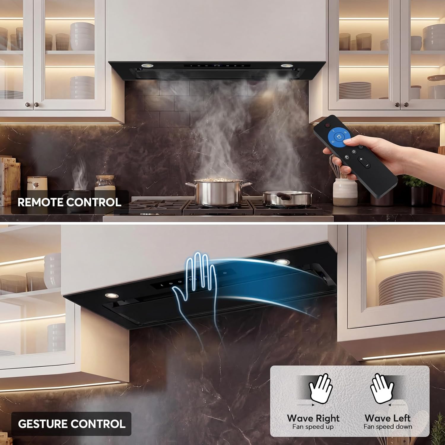 36 inch Built-in/Insert Range Hood 900 CFM, Ducted/Ductless Convertible, 4 Speed Kitchen Vent Hood with Remote & Gesture Control, dimmable LED, Timer