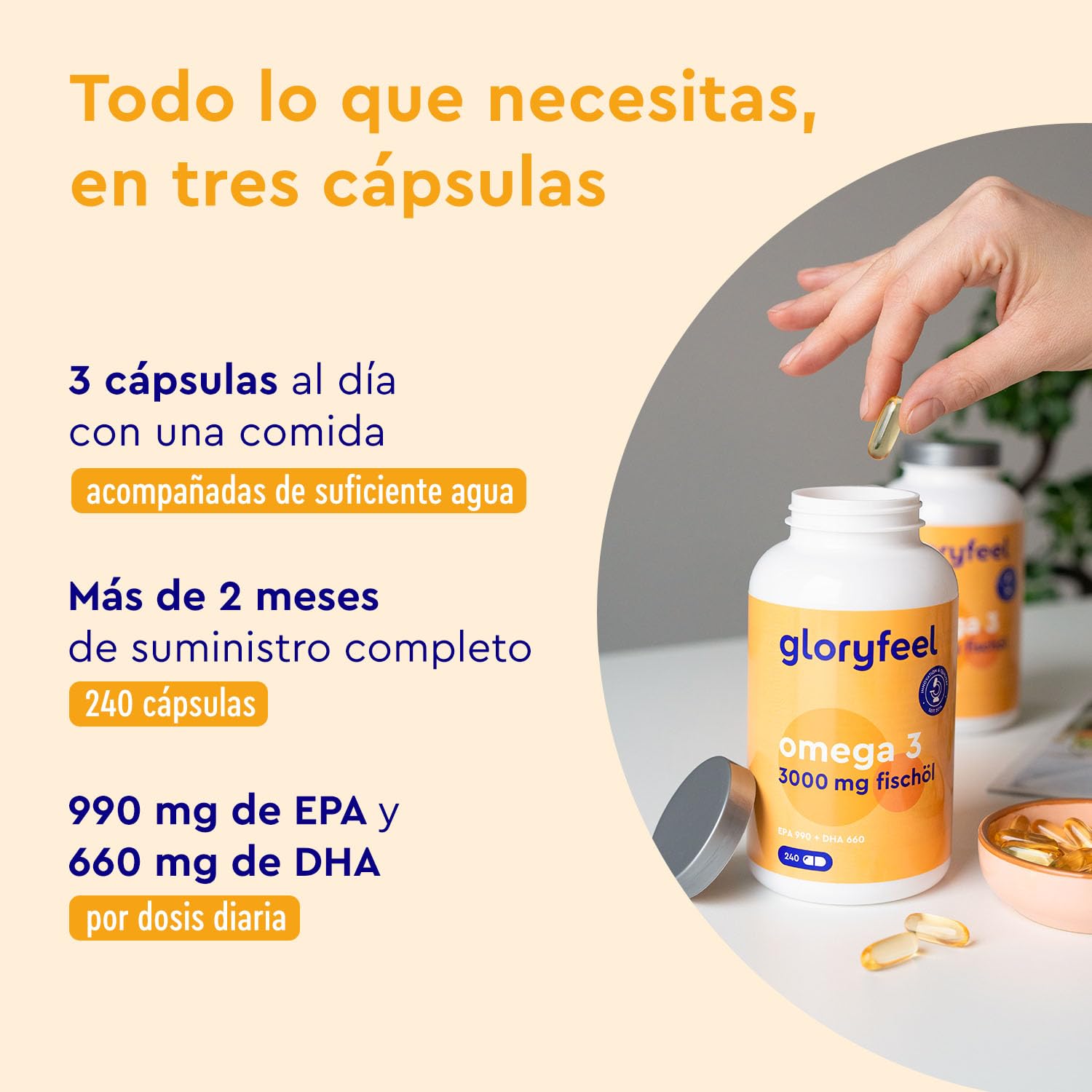 Omega 3 Cápsulas Alta Dosis - 3000mg de Aceite de pescado (990mg EPA + 660mg DHA) - 240 Cápsulas en forma de triglicéridos - Aceite de pescado puro de alta biodisponibilidad - Triple acción