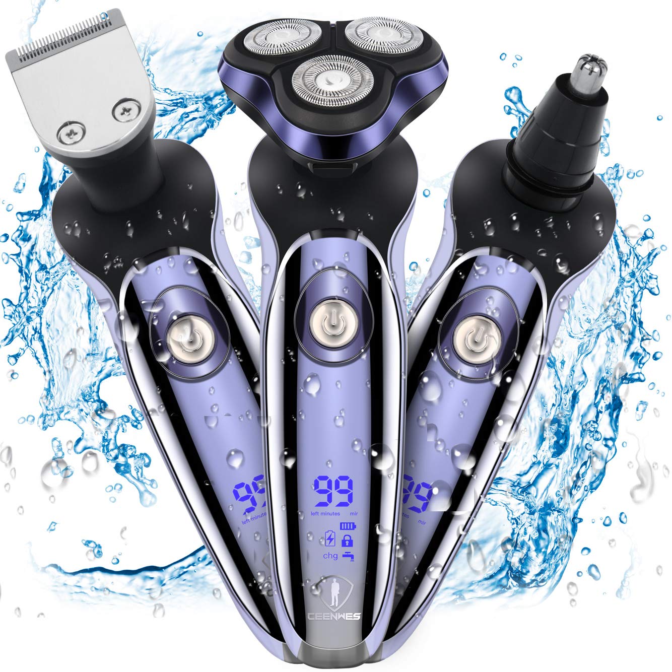Ceenwes Electric Razor for Men 3 in 1 Grooming Kit with Nose Trimmer Sideburns Trimmer 100% Waterproof Electric Shaver Rechargeable Cordless Rotary Shavers