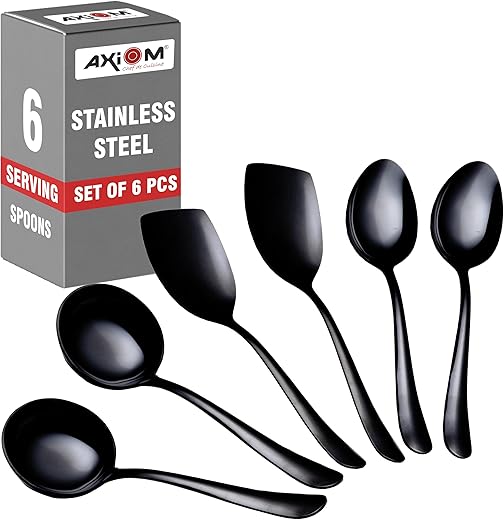 Axiom Stainless Steel Black Serving Tools Set. 6 Piece Heavy Gauge Non-Stick Set Of 2 Soup Ladle (Karchi), 2 Solid Spoon (Chamcha) & 2 Rice Spoon For Serving Soup/Curry/Dal/Rice. Gold - 23 Cm
