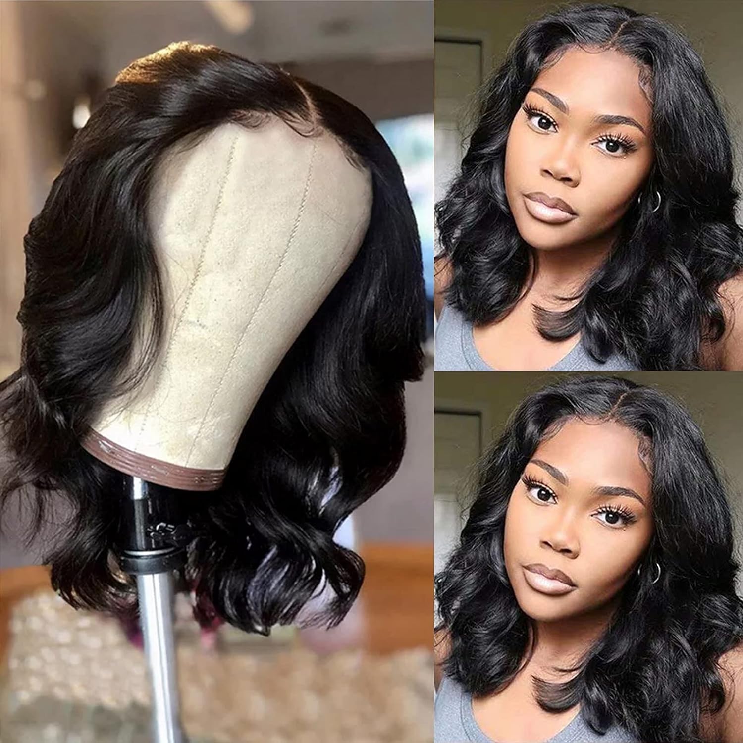 Imeya 12 Inch Short Bob Wigs for Black Women 13x6 Bob Lace Front Wigs HD Transparent Lace Natural Black Body Wave Virgin Human Hair Wigs Pre Plucked with Baby Hair Natural Hairline 150% Density