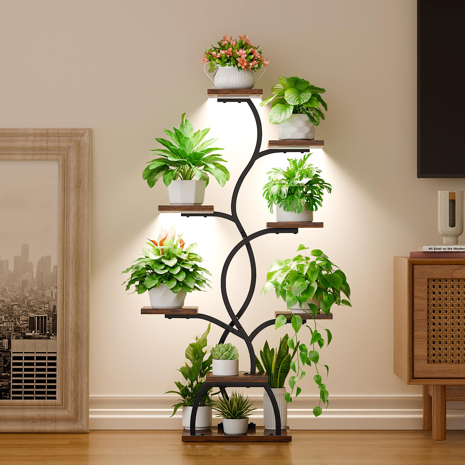 BACEKOLL Soporte para plantas con luz de crecimiento - 8 niveles, soporte para flores de 124 cm, metal y madera, estantería para plantas - Escalera de flores para interior y exterior - Estantería