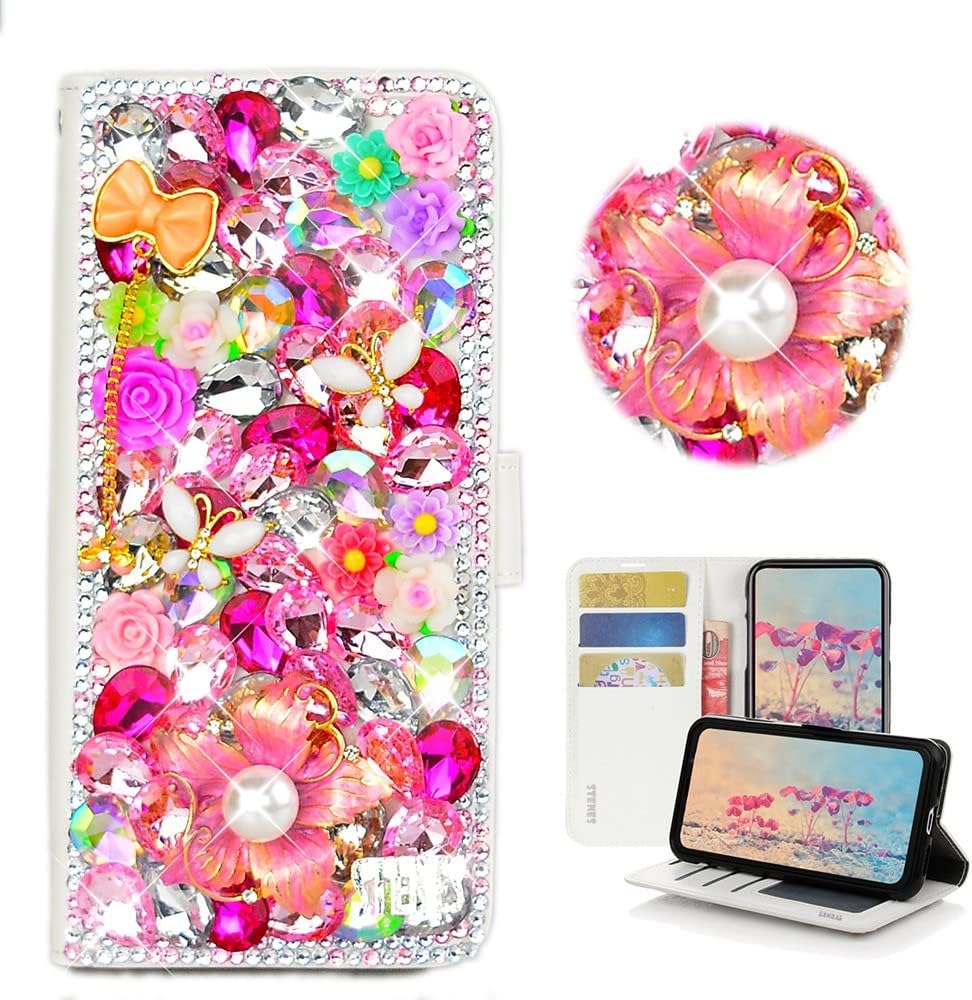 STENES Bling Wallet Phone Case Compatible with OnePlus Nord N300 5G Case - Stylish - 3D Handmade Mask Leaf Pendant Crown Flowers Magnetic Wallet Stand Leather Cover Case - Pink