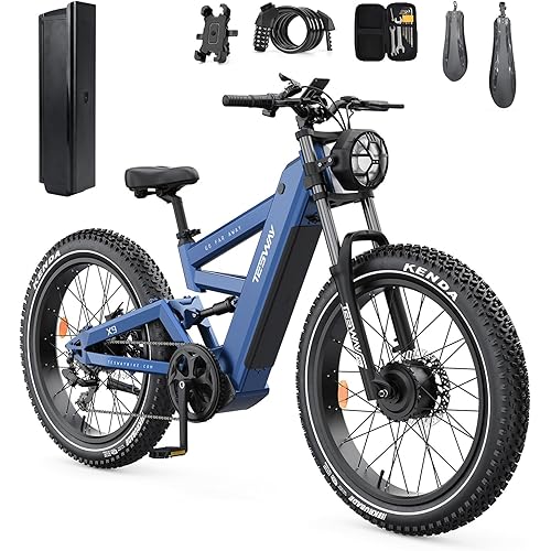 TESWAY X9 Dual Motor Ebike, 26" Fat Tire Full Suspension AWD Electric Bike for Adults, 4000W 40MPH 240NM, 48V 30Ah 120 Miles Long Rang