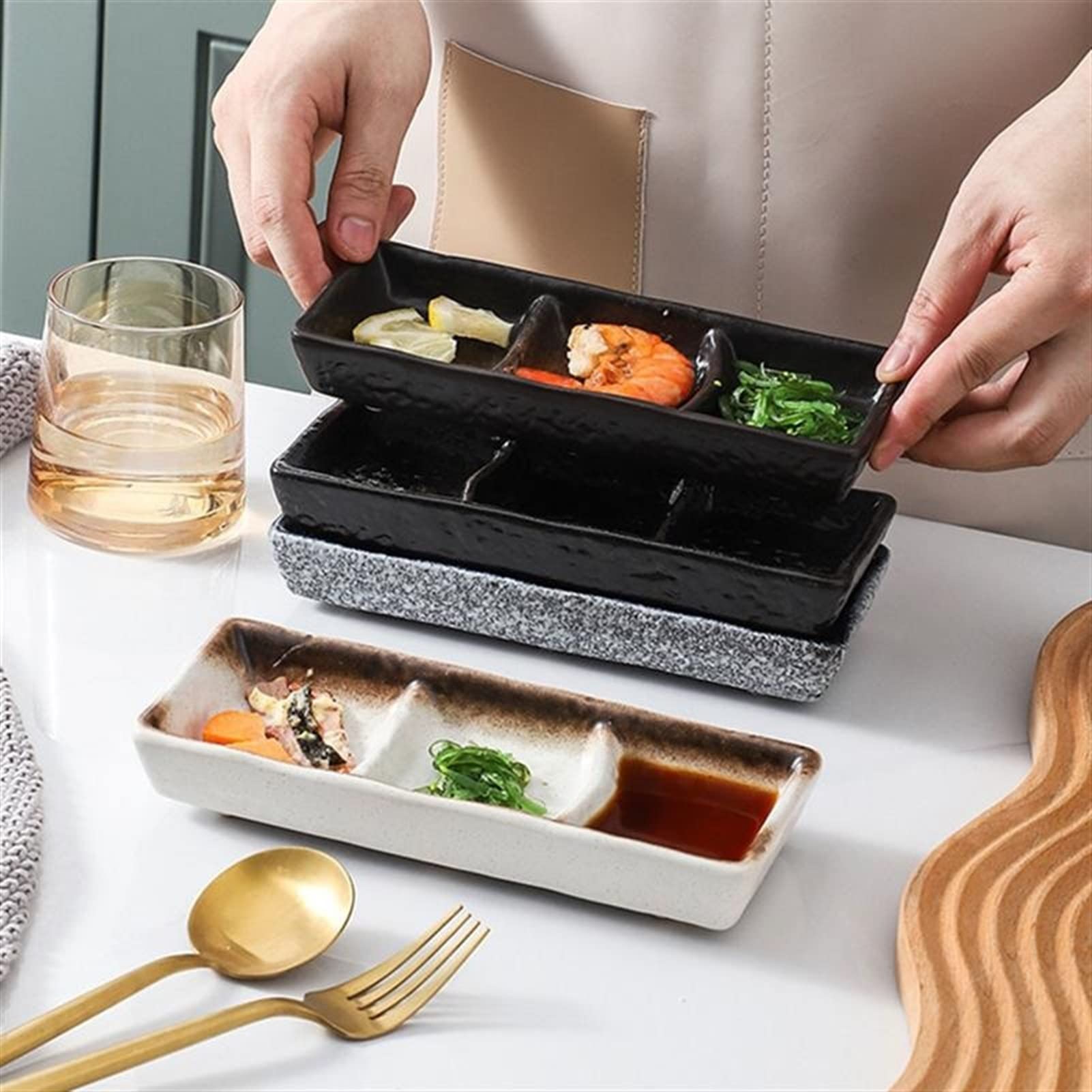 Keramik DREI Grid Sauce Gericht Vorspeise Serviertablett Essig Soja Senf Sushi Snack