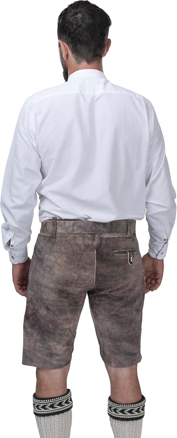 Schöneberger Trachten Couture Korte leren herenbroek, nubuckleer, klederdrachtbroek voor Oktoberfest, traditionele lederhose, Zand Gespekt (bruin), 50 Schöneberger Trachten Couture Korte leren herenbroek, nubuckleer, klederdrachtbroek voor Oktoberfest, traditionele lederhose, Zand Gespekt (bruin), 50