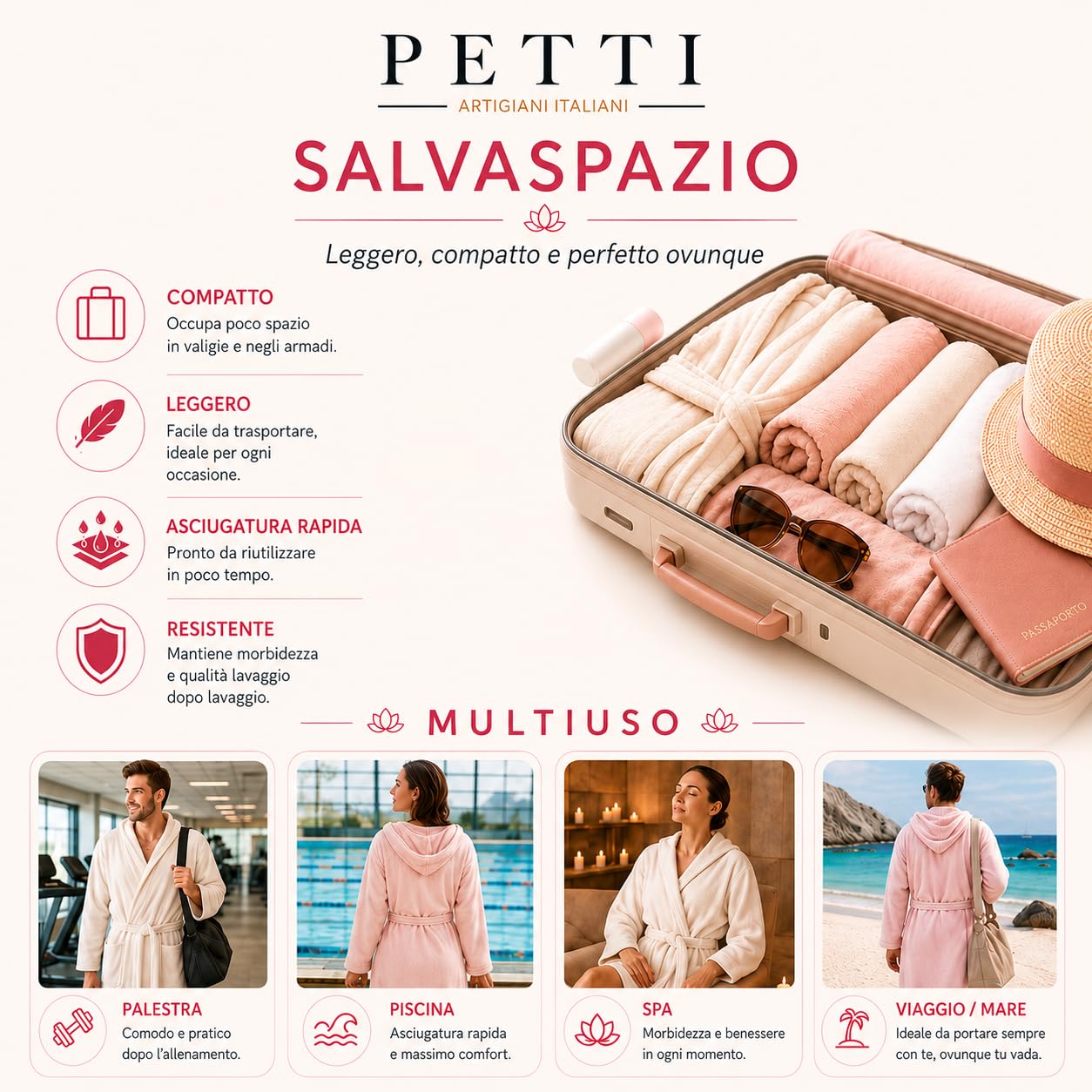 PETTI - Albornoz, Albornoz Mujer, Albornoz Hombre, Albornoz Unisex, Albornoz Microfibra, Albornoz con Capucha Bolsillos y Cinturón