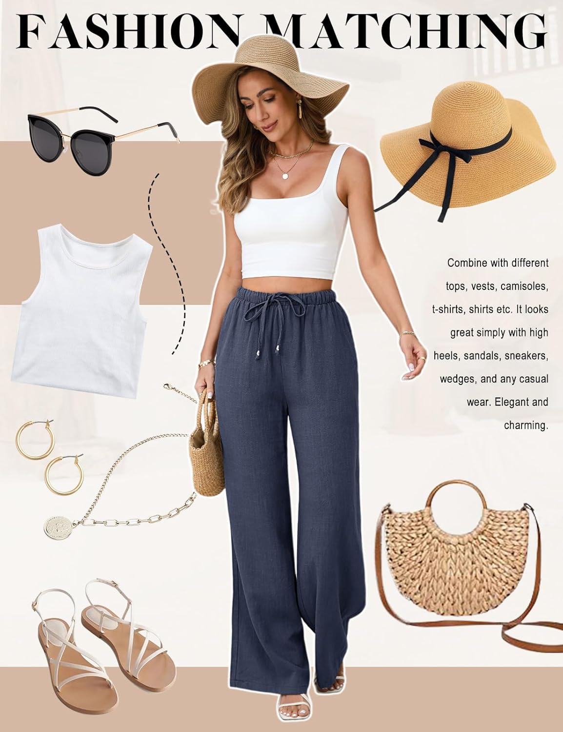 Womens Linen Pants High Waisted Wide Leg Trousers Summer Palazzo Casual Pant Flowy Drawstring Beach Pants - Image 6