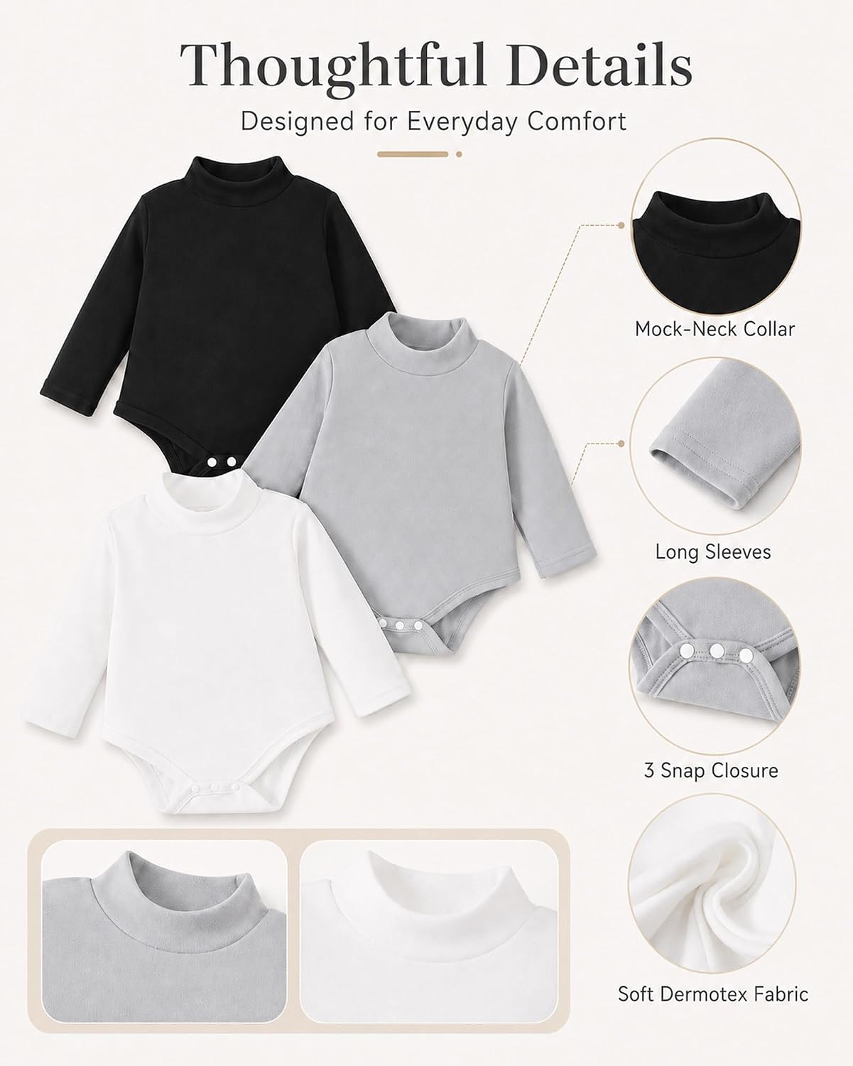 3 Pack Baby Turtleneck Bodysuit Long Sleeve Boy Girl Baby Onsies Unisex Jumpsuit Newborn Essentials 0-18 Months