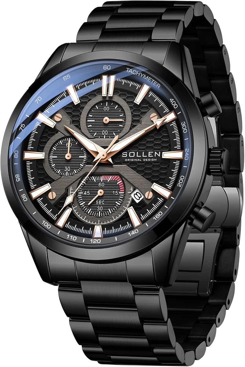 Black Men's Chronograph Watches, Classic Luxury Dress Analog Quartz Watch | Calendar Window, 1/10 Seconds & Second & Minute Chronograph Function, 3ATM Waterproof, Formal Casual Watches for Daily Use